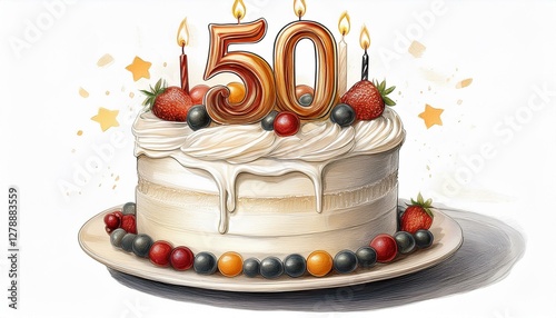 Illustration of decorated white cake for birthday or anniversary party. Number 50, fiftieth birthday celebration