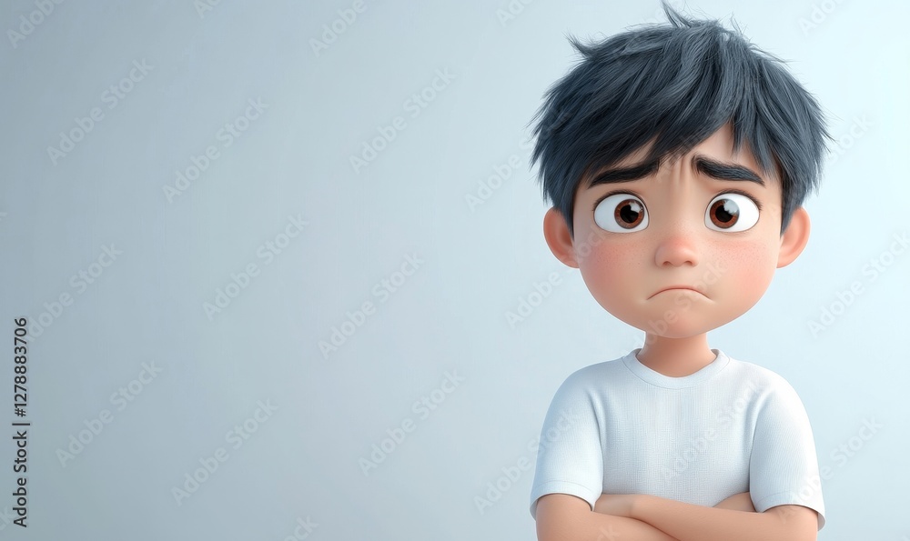3D Cartoon Sad Young Asian Boy Wearing White Shirt Expressing Unhappiness and Upset Feelings on Light Background, Emotional Concept in Digital Art