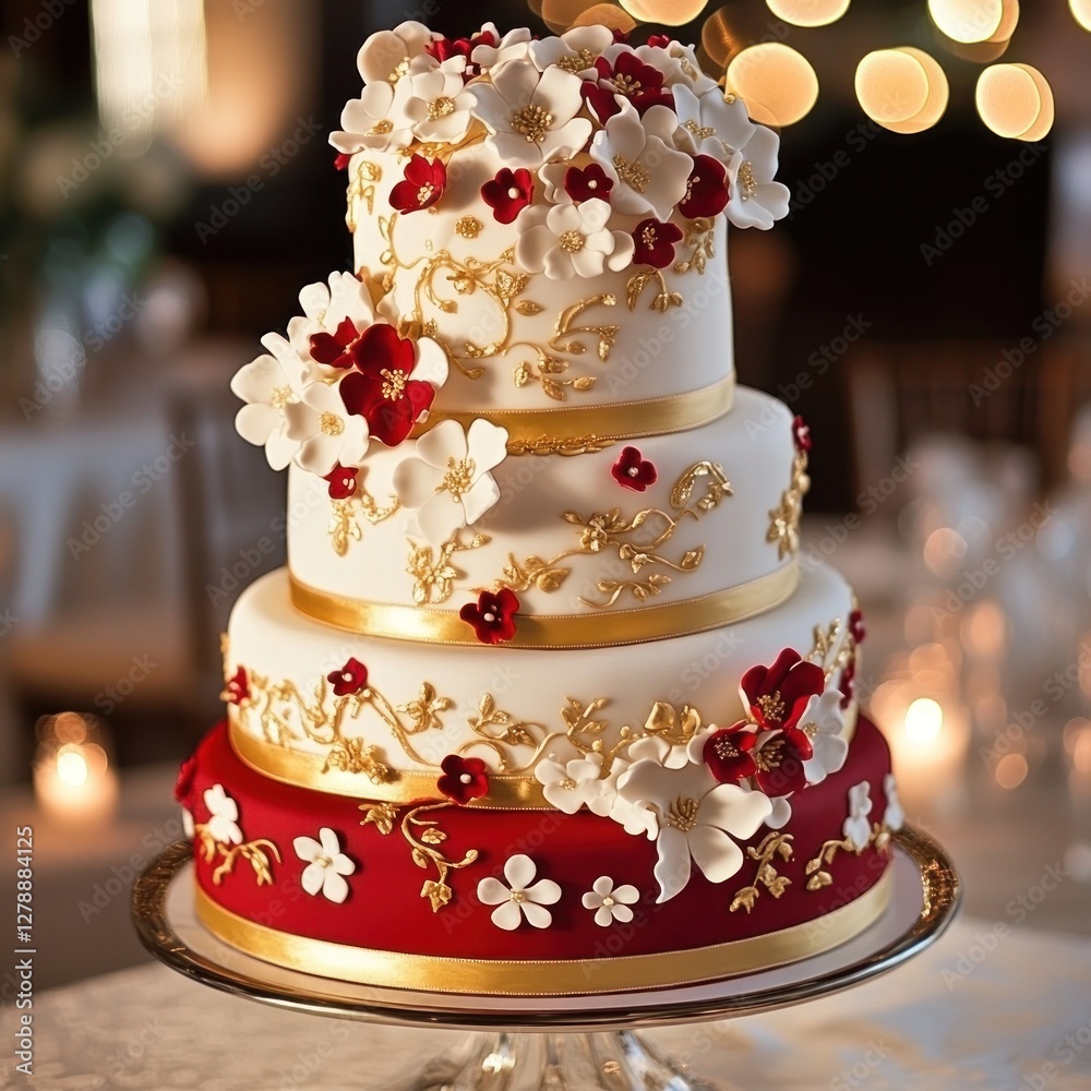 Fototapeta premium Elegant tiered wedding cake with floral decorations (1)