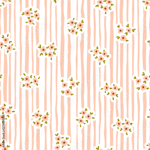 Preppy bouquet on wavy vertical lines stripes background. Coquette flowers trellis seamless pattern