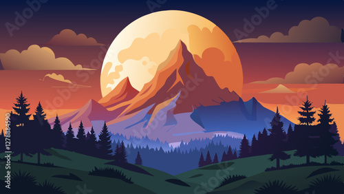 Full moon over mountain peak