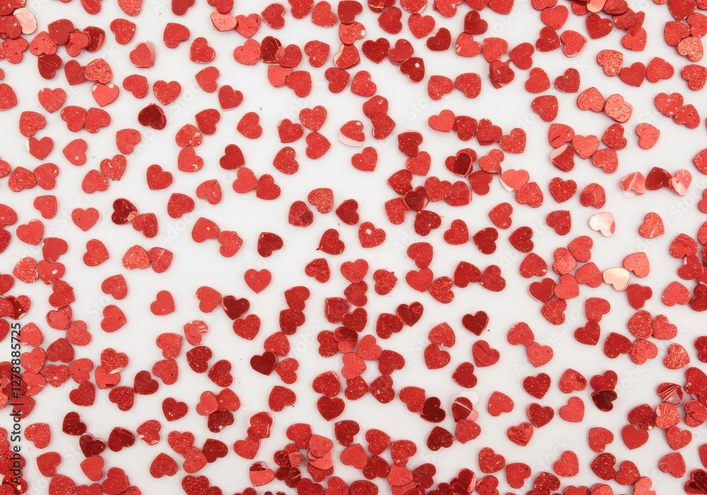 Red glitter hearts, white background, scattered pattern, Valentine's Day theme, romantic decorations, shimmering texture, love symbols, minimalist design Red glitter hearts, white background, scattered pattern, Valentine's Day theme, romantic decorations, shimmering texture, love symbols, minimalist design