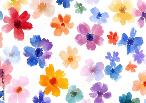 Colorful Watercolor Floral Pattern on White Background for Design