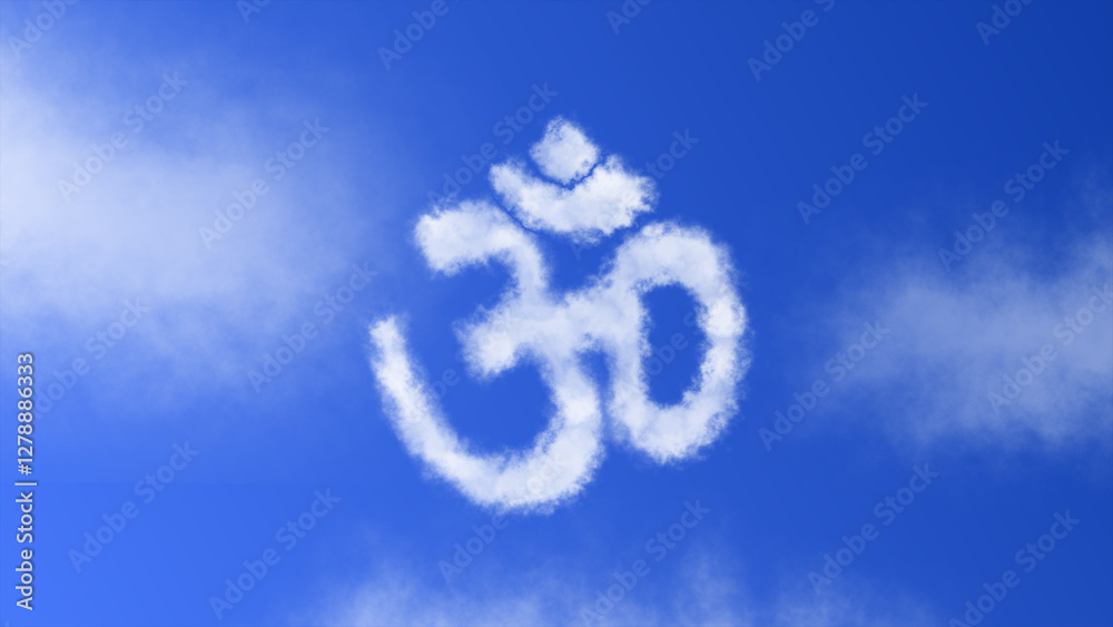 Naklejka premium The Ohm (Aum) or Hindu symbol with a cloud effect appearing in the blue sky, representing spirituality, peace, and meditation