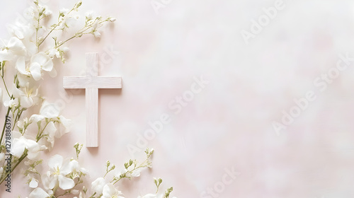 Wallpaper Mural un fondo rosa pastel con espacio de copia con una cruz catolica cristiana y ramas de flores blancas elegantes y sencillas para diseño de invitacion de celebracion boda o bautizo primera comunion Torontodigital.ca