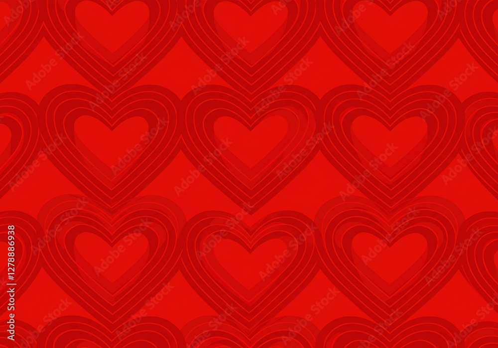 Vibrant red background, interlocking heart patterns, geometric design, continuous lines, Valentine's Day theme, optical illusion, symmetrical layout Vibrant red background, interlocking heart patterns, geometric design, continuous lines, Valentine's Day theme, optical illusion, symmetrical layout