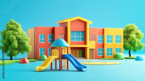 A colorful 3D illustration of a school building with a playground in front 