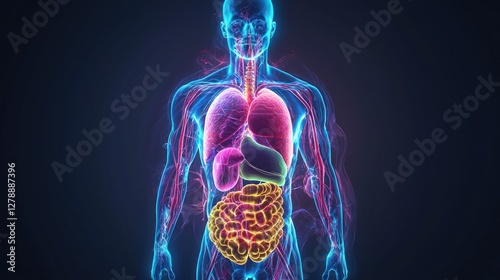 A colorful 3D illustration of the human body with internal organs visible. 