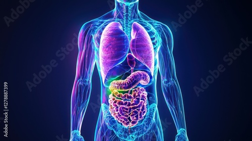 A colorful 3D illustration of the human body with internal organs visible. 