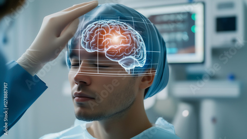 A medical professional examines a patient's brain health through advanced digital brain interface, Advanced medical technology and innovation in brain examination and treatment. 