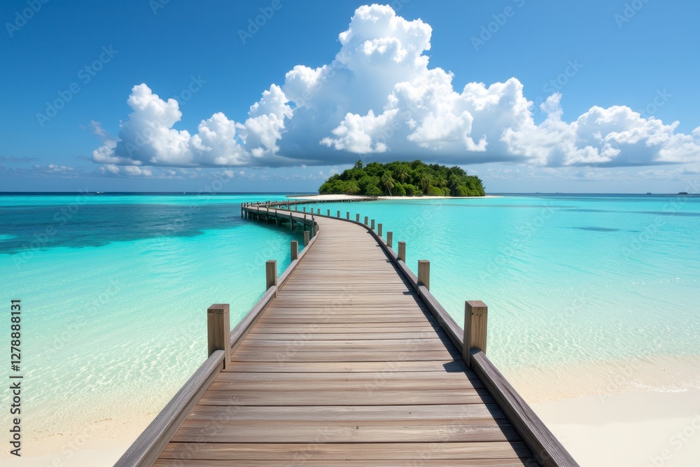 Obraz premium Serene Tropical Island Paradise Wooden Boardwalk Leading to Lush Island Turquoise Water White Sandy