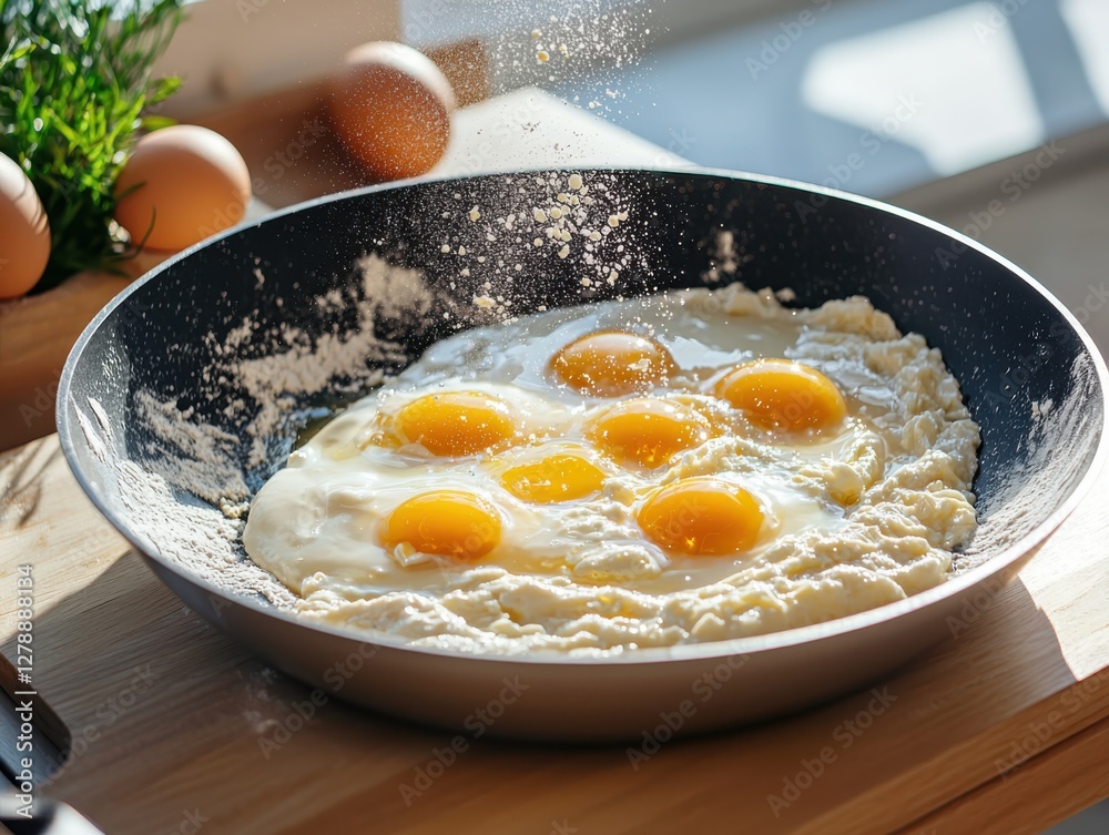Careful egg tempering process in a sunlit kitchen soft light highlighting baking techniques focused culinary shot Careful egg tempering process in a sunlit kitchen soft light highlighting baking techniques focused culinary shot