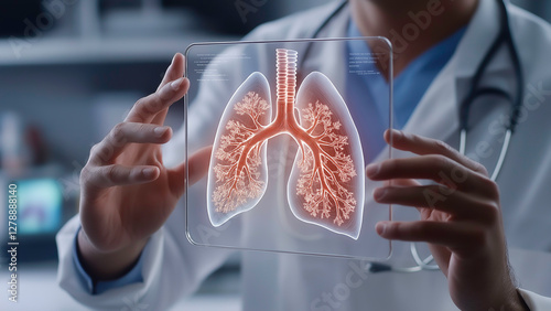 A doctor holding a 3D digital scan of a human lung and examines a digital representation of lungs in a clinical setting emphasizing the importance of respiratory health.