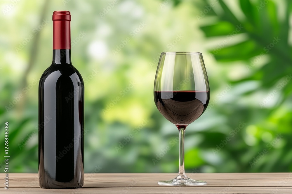 Fototapeta premium bottle of red wine next to half filled wine glass on wood table dim soft light with bokeh restaurant interior background