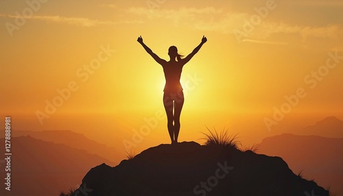 Wallpaper Mural Woman’s silhouette atop mountain at sunrise, symbolizing strength and freedom Torontodigital.ca