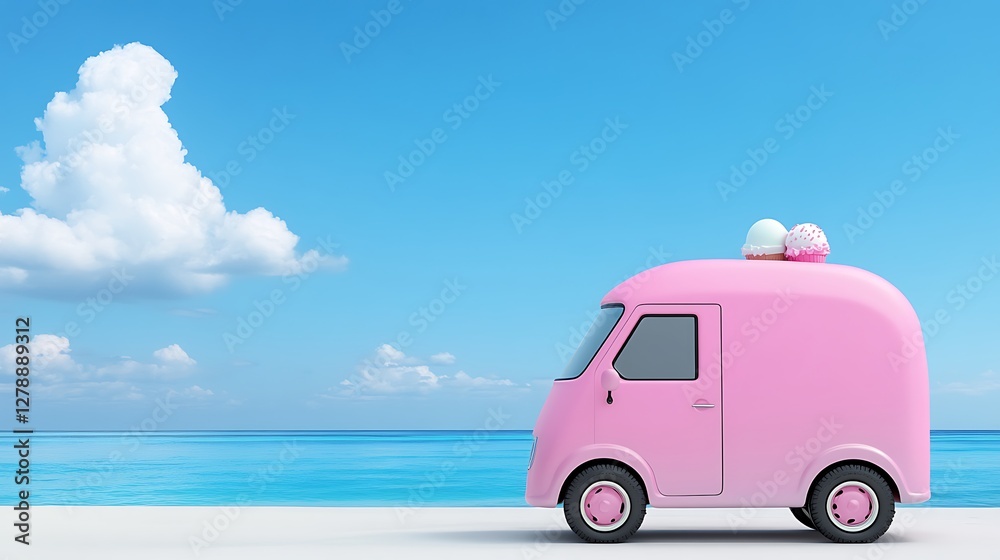 Fototapeta premium Cute Pastel Ice Cream Truck by the Beach with Bright Blue Sky