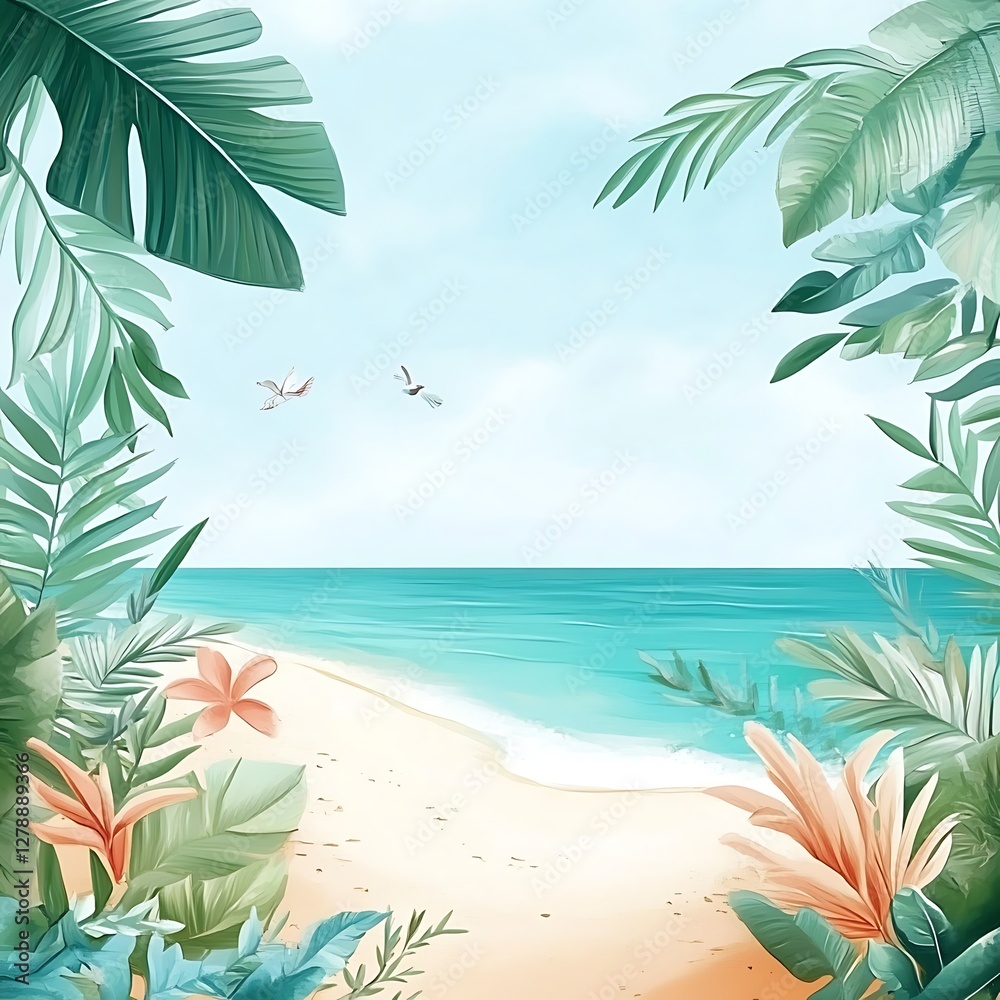 Fototapeta premium Serene Luxury Summer Beach Background with Tropical Foliage