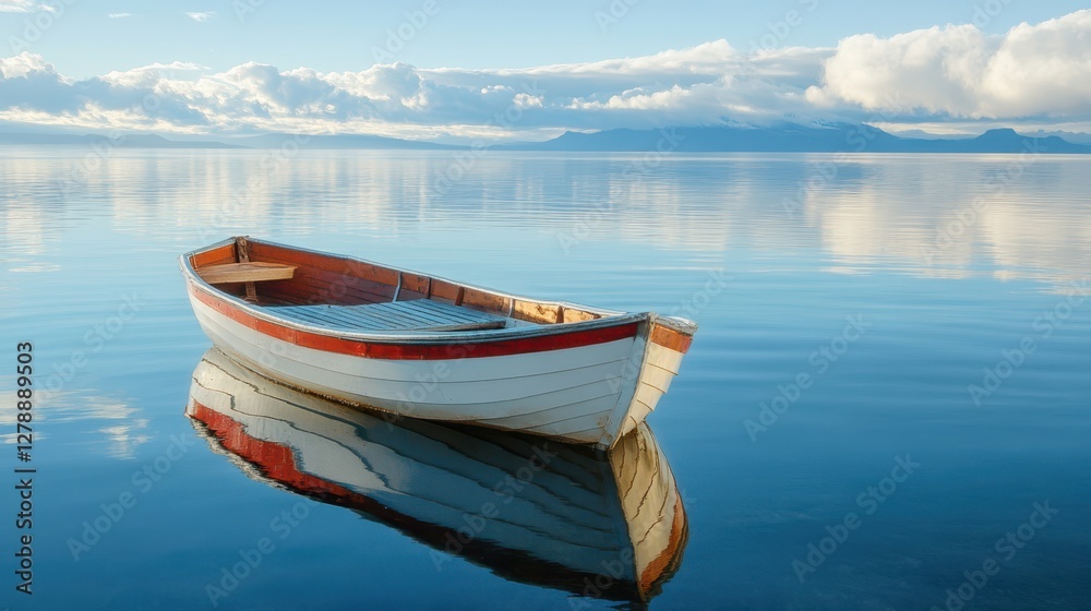 A small boat drifts peacefully on water, set against a majestic mountain backdrop, capturing a serene moment in nature. A small boat drifts peacefully on water, set against a majestic mountain backdrop, capturing a serene moment in nature.