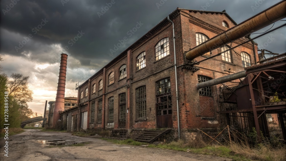 Historic industrial building with weathered architecture, showcasing the passage of time in a once-bustling factory Historic industrial building with weathered architecture, showcasing the passage of time in a once-bustling factory