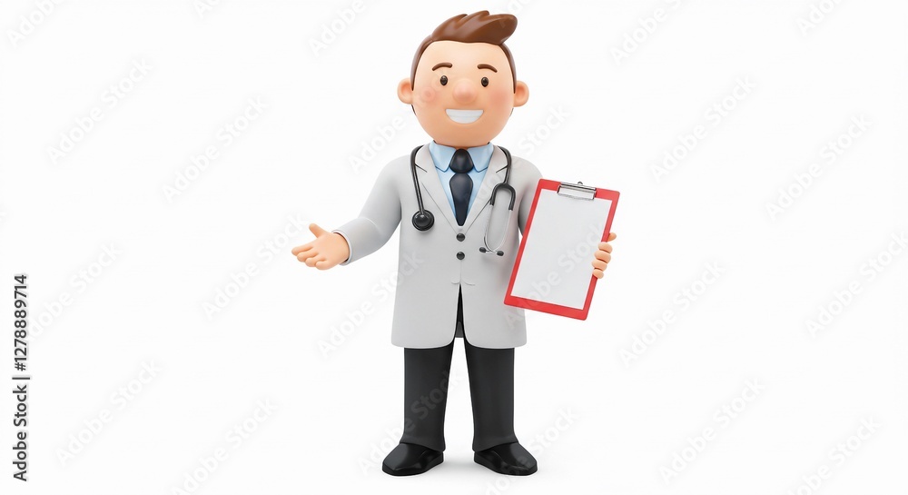 3D cartoon doctor character wearing a white coat, holding a clipboard, and smiling with a friendly gesture on a white background. 3D cartoon doctor character wearing a white coat, holding a clipboard, and smiling with a friendly gesture on a white background.