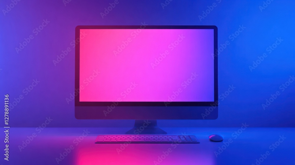 Pink and blue lit desktop computer with keyboard and mouse.