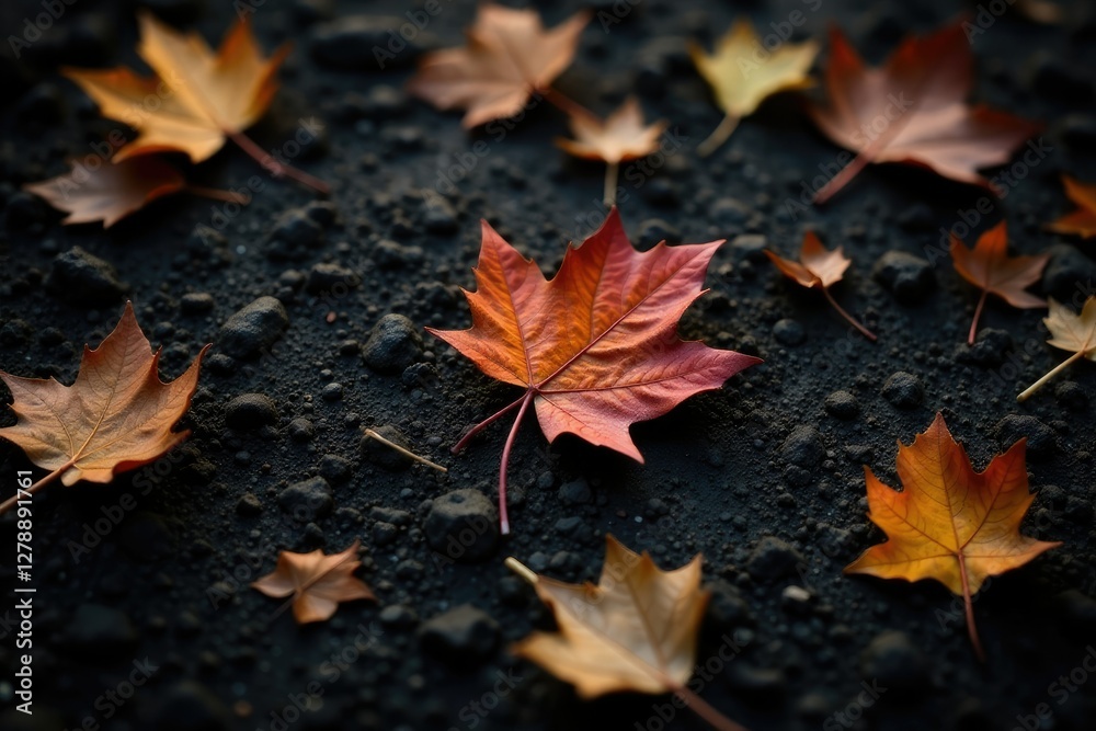 Delicate dried leaves scattered on darkened ground, black background, earthy tones, solitary elements Delicate dried leaves scattered on darkened ground, black background, earthy tones, solitary elements