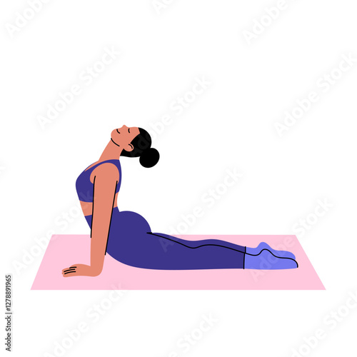 Woman doing yoga exercise. Flat-style illustration of a woman practicing Bhujangasana (Cobra Pose) on a yoga mat. Ideal for fitness blogs, wellness apps, meditation guides, and yoga class promotions.