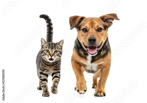 Obraz na płótnie Cat and dog running together, playful pets on white background w salonie