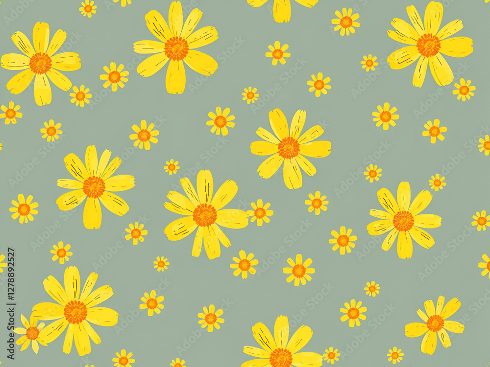 Seamless Yellow Daisy Pattern on Green Background Seamless Yellow Daisy Pattern on Green Background