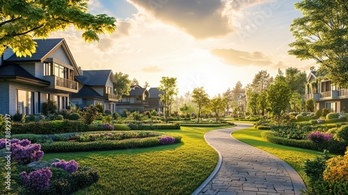 A residential neighborhood with a brick walkway and a row of houses