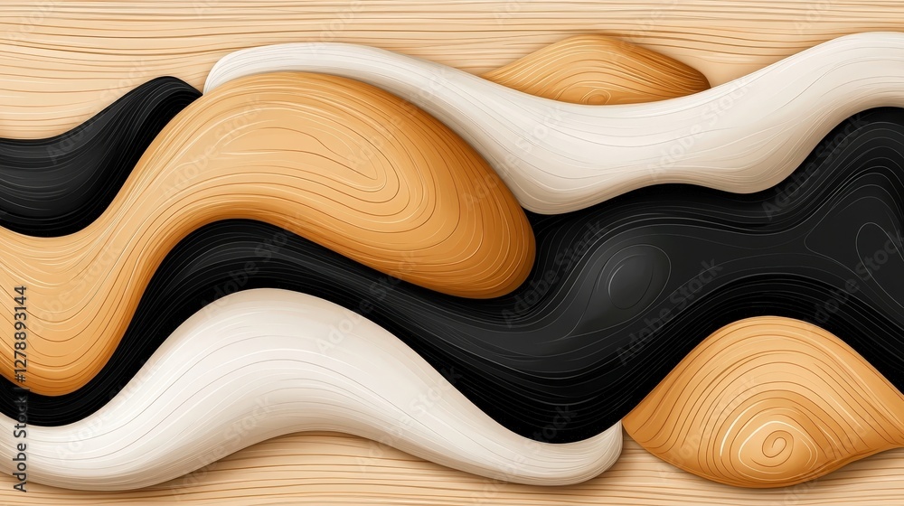 Abstract wavy lines in neutral tones with smooth textures and organic shapes on a wooden background Abstract wavy lines in neutral tones with smooth textures and organic shapes on a wooden background