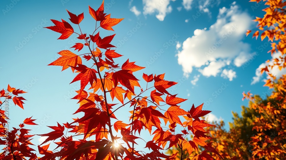 Vibrant autumn leaves against a bright blue sky with warm golden light, showcasing nature's seasonal beauty. Ideal for autumn, nature, or landscape designs. Vibrant autumn leaves against a bright blue sky with warm golden light, showcasing nature's seasonal beauty. Ideal for autumn, nature, or landscape designs.