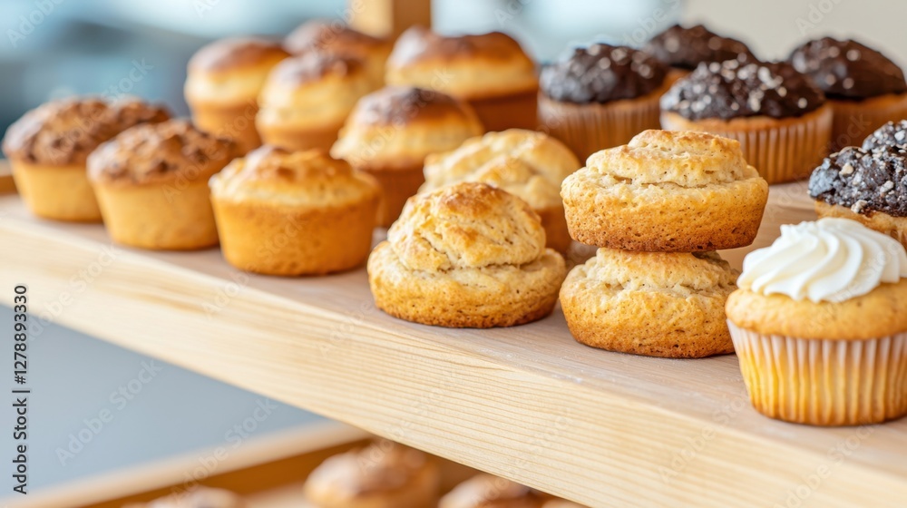 Artisan bakery products on rustic shelves Concept, Freshly Baked Scones and Muffins on Wooden Display Shelf, Perfect for Cafes and Bakeries Artisan bakery products on rustic shelves Concept, Freshly Baked Scones and Muffins on Wooden Display Shelf, Perfect for Cafes and Bakeries
