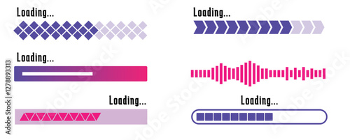 Set of loading and progress indicators. Digital elements in futuristic style for websites, interfaces and technology applications. Graphic icons and status bars for tracking processes