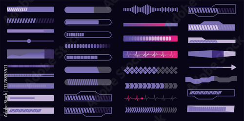 Set of loading and progress indicators. Digital elements in futuristic style for websites, interfaces and technology applications. Graphic icons and status bars for tracking processes