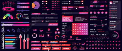 Set of buttons and interface elements for mobile apps and websites. Modern design for navigation, control and user interaction. Includes templates, menus, panels and icons