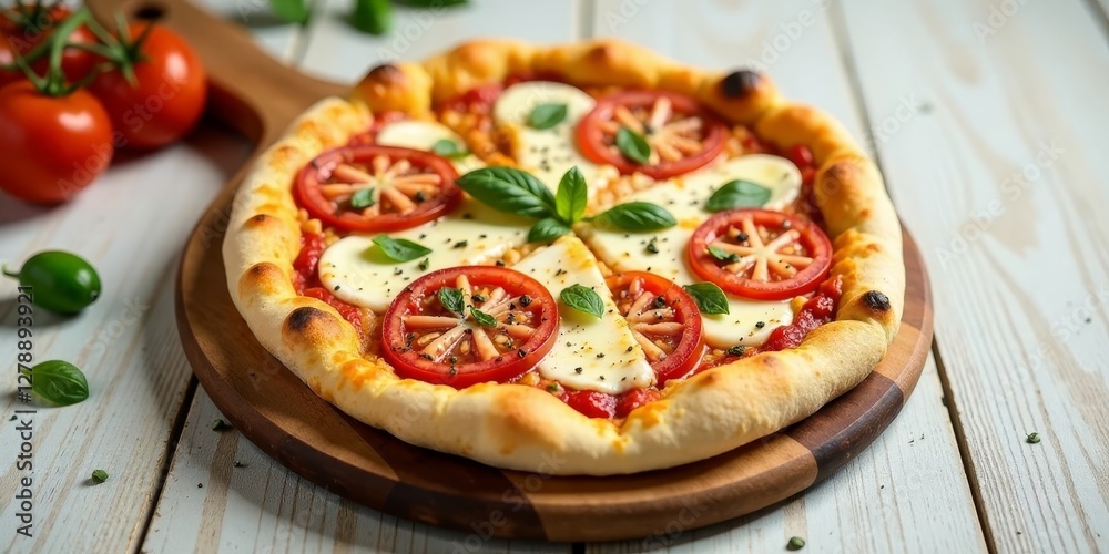 Delicious Homemade Pizza with Fresh Tomatoes and Mozzarella Cheese on Rustic Wooden Board Delicious Homemade Pizza with Fresh Tomatoes and Mozzarella Cheese on Rustic Wooden Board