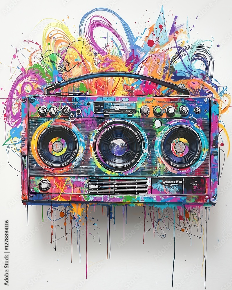 Fototapeta premium Vibrant Graffiti Boombox with Soundwaves and Colorful Drips