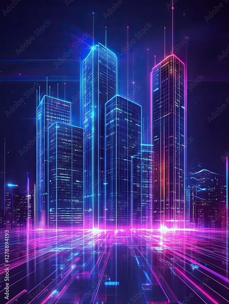 Fototapeta premium A cityscape with neon lights and buildings in the background