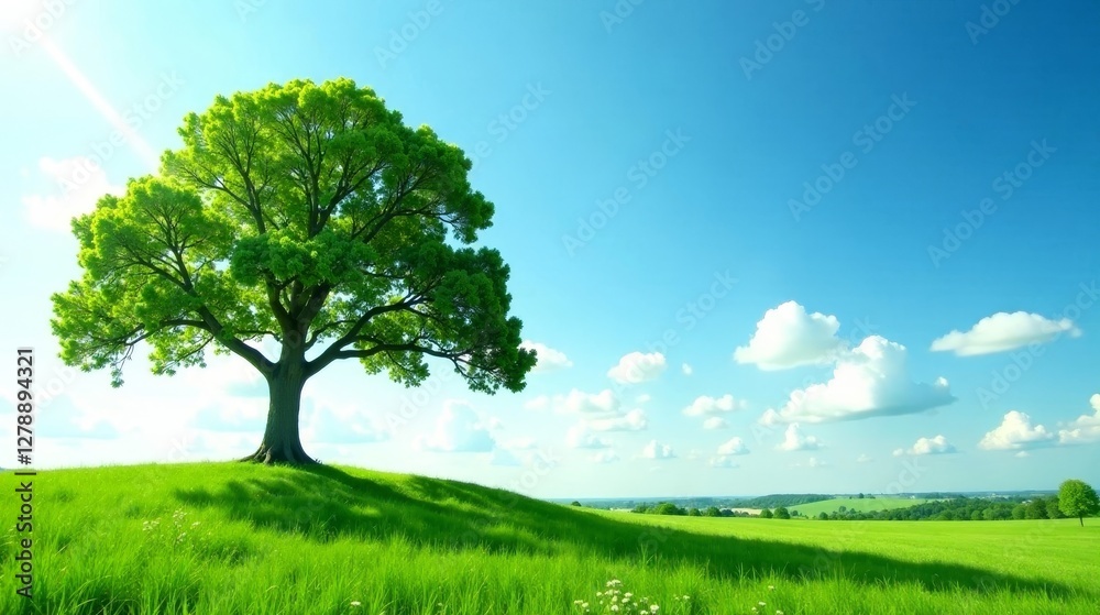 Serene Landscape Featuring a Lush Green Tree on a Rolling Hill Under a Vivid Blue Sky with Puffy White Clouds