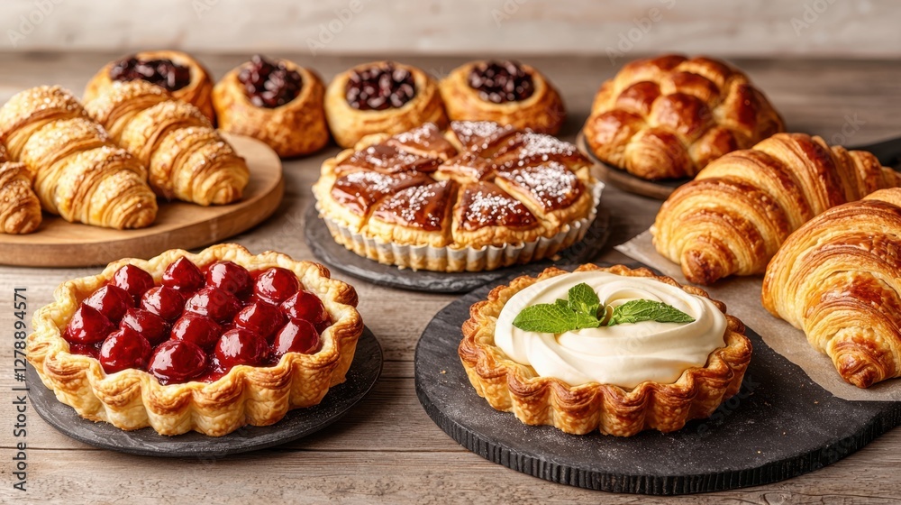 Artisan bakery products on rustic shelves Concept, Rustic Bakery Display with Beautifully Arranged Fresh Tarts and Pastries on Wooden Table Artisan bakery products on rustic shelves Concept, Rustic Bakery Display with Beautifully Arranged Fresh Tarts and Pastries on Wooden Table
