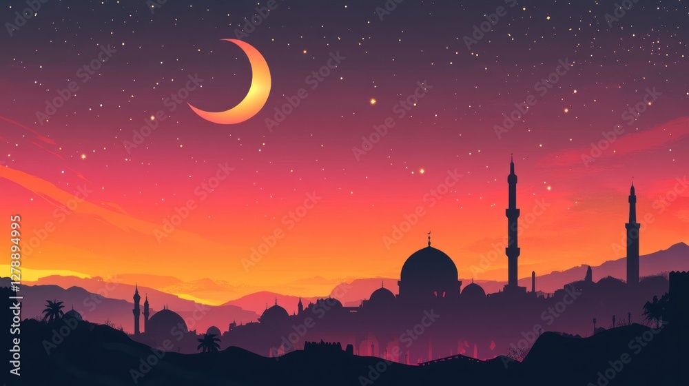 Obraz premium Serene Night in the Middle East: A Starry Silhouette of Mosques Under a Crescent Moon