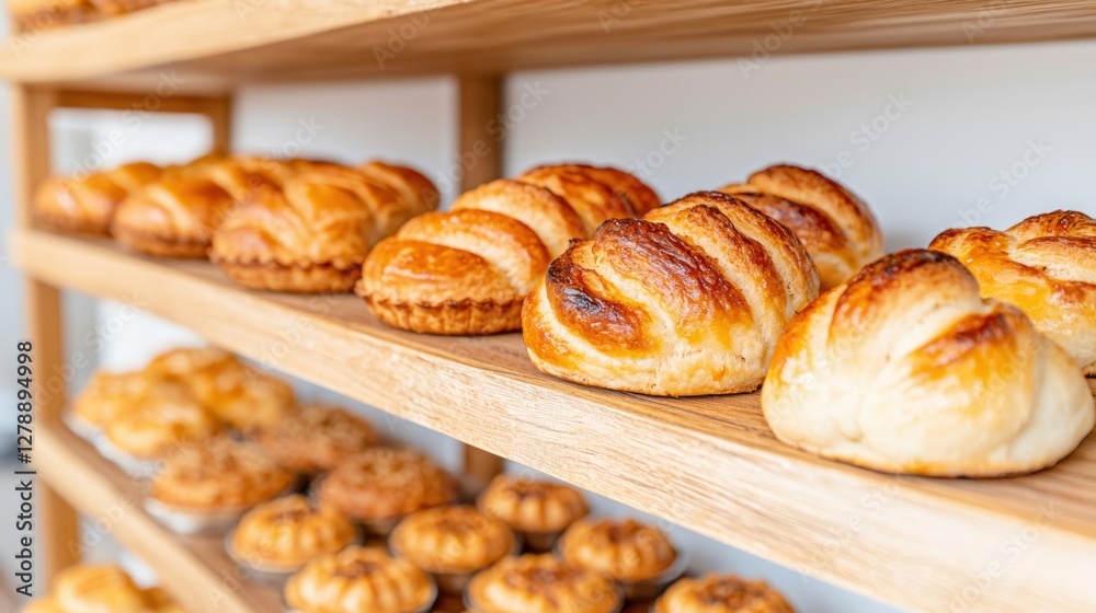 Artisan bakery products on rustic shelves Concept, Freshly Baked Pastries Displayed on Wooden Shelves in a Cozy Bakery Setting with Inviting Colors Artisan bakery products on rustic shelves Concept, Freshly Baked Pastries Displayed on Wooden Shelves in a Cozy Bakery Setting with Inviting Colors