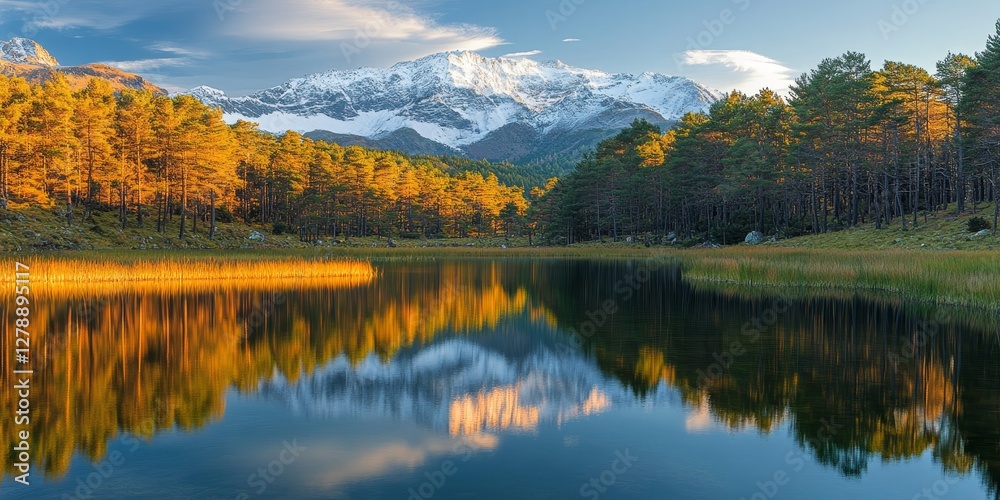 Tranquil Lake at Sunset with Vibrant Heathland and Snow-Capped Mountains Reflection Tranquil Lake at Sunset with Vibrant Heathland and Snow-Capped Mountains Reflection