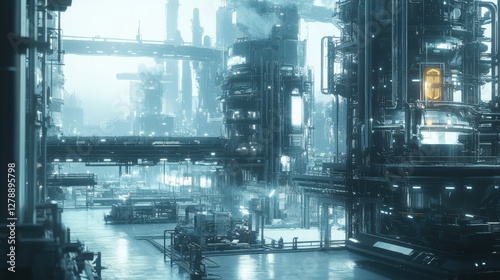 A futuristic cityscape with a large industrial plant in the background