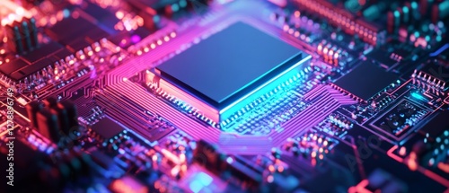 A close-up of a computer chip with vibrant lighting illustrates the heart of modern technology and innovation.