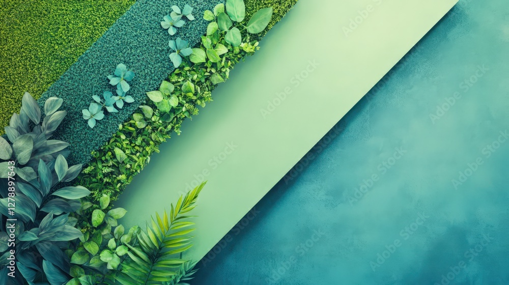 A green and blue background with a green and white line of plants