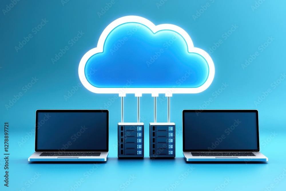 Cloud system service provider. Cloud computing concept with laptops and servers on a blue background. Cloud system service provider. Cloud computing concept with laptops and servers on a blue background.