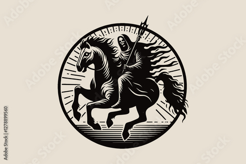 Apocalypse rider on a horse, skull-faced, vintage engraving