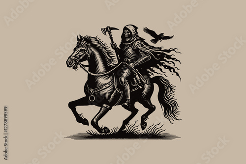 Apocalypse rider on a horse, skull-faced, vintage engraving